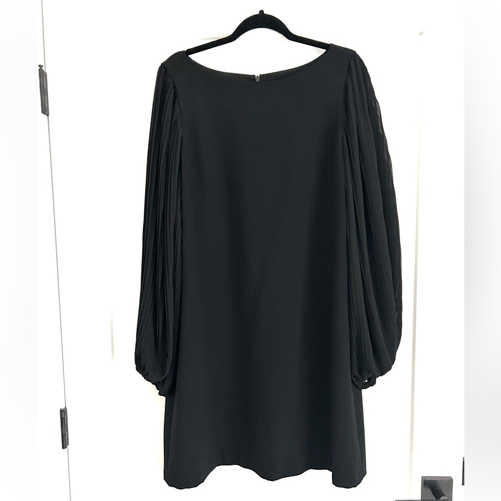 White House Black Market 14 Black Shift Dress with Pleated Sheer Long Sleeves